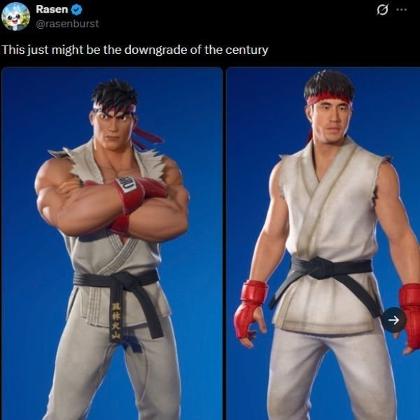 Comparison of old and new Ryu Street Fight skin in Fortnite