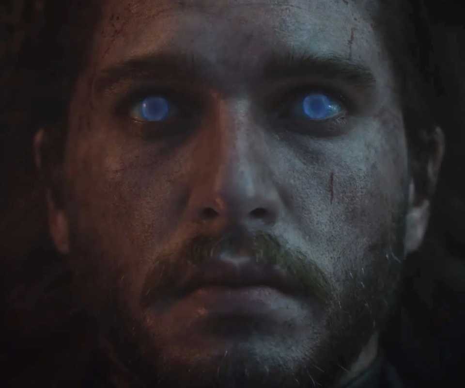 A close-up shot of Jon Snow from the Game of Thrones War for Westeros trailer after he is turned into a white walker